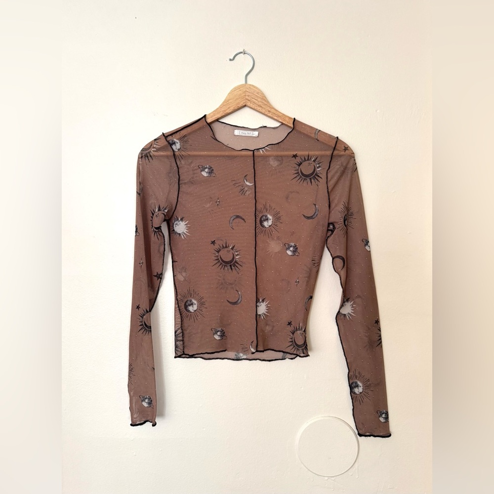 Full Tilt Brown Sheer Sun-Moon-Stars Celestial Long Sleeve Top